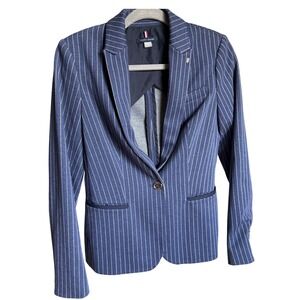 Tommy Hilfiger Womens Blue Pinstripe Single Button Blazer Elbow Patches 2